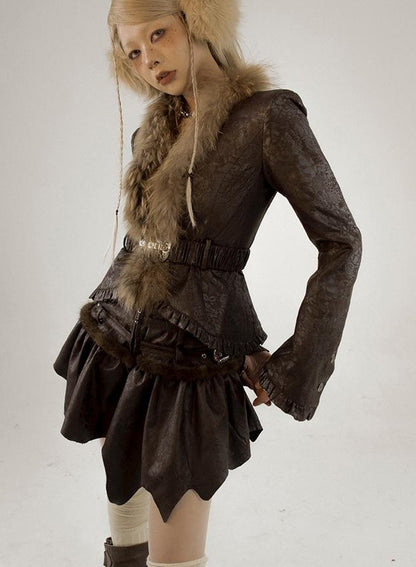 Retro Fluffy PU Leather Crop Jacket Skirt Set Dresses