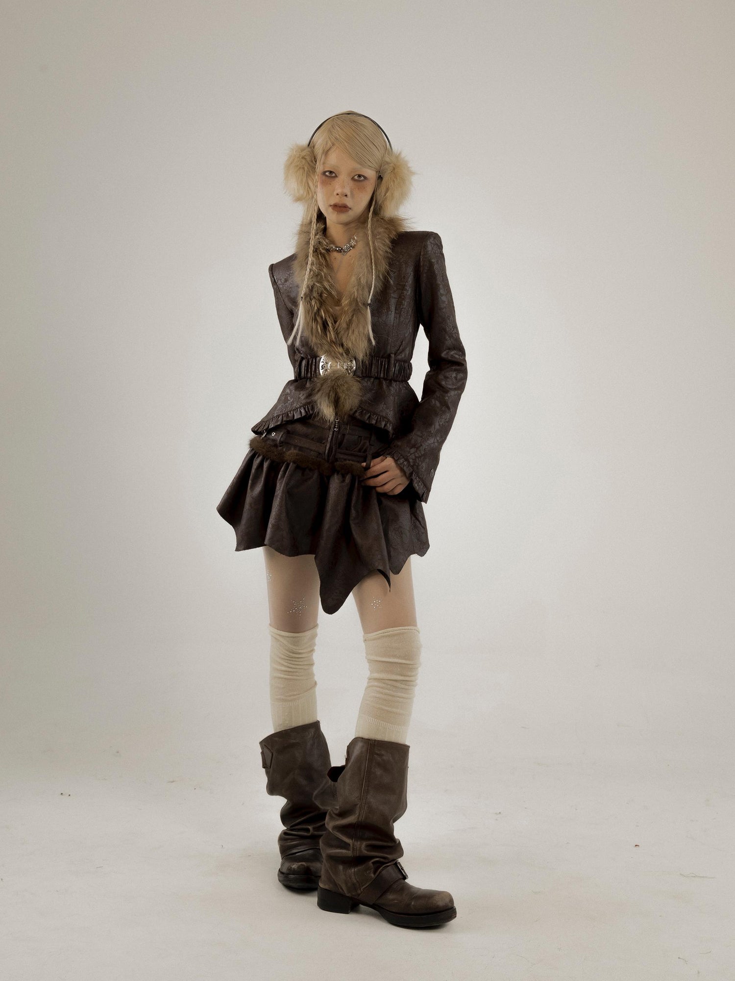 Retro Fluffy PU Leather Crop Jacket Skirt Set Dresses