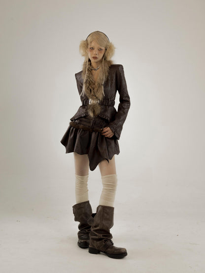 Retro Fluffy PU Leather Crop Jacket Skirt Set Dresses