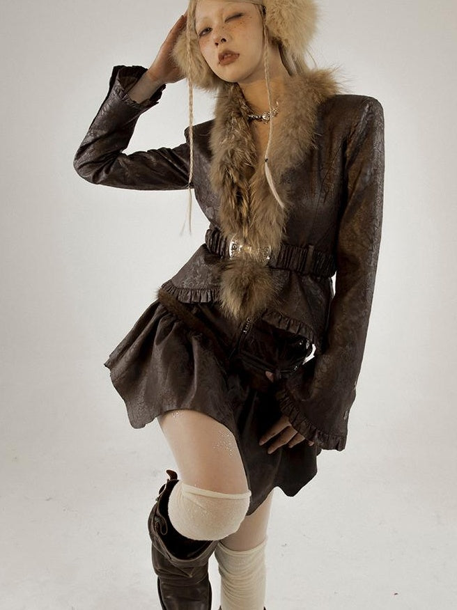 Retro Fluffy PU Leather Crop Jacket Skirt Set Dresses