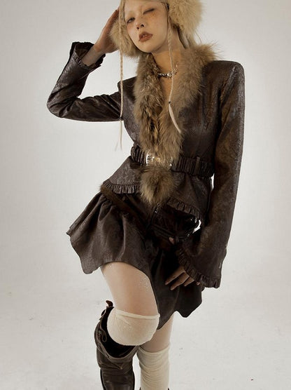 Retro Fluffy PU Leather Crop Jacket Skirt Set Dresses