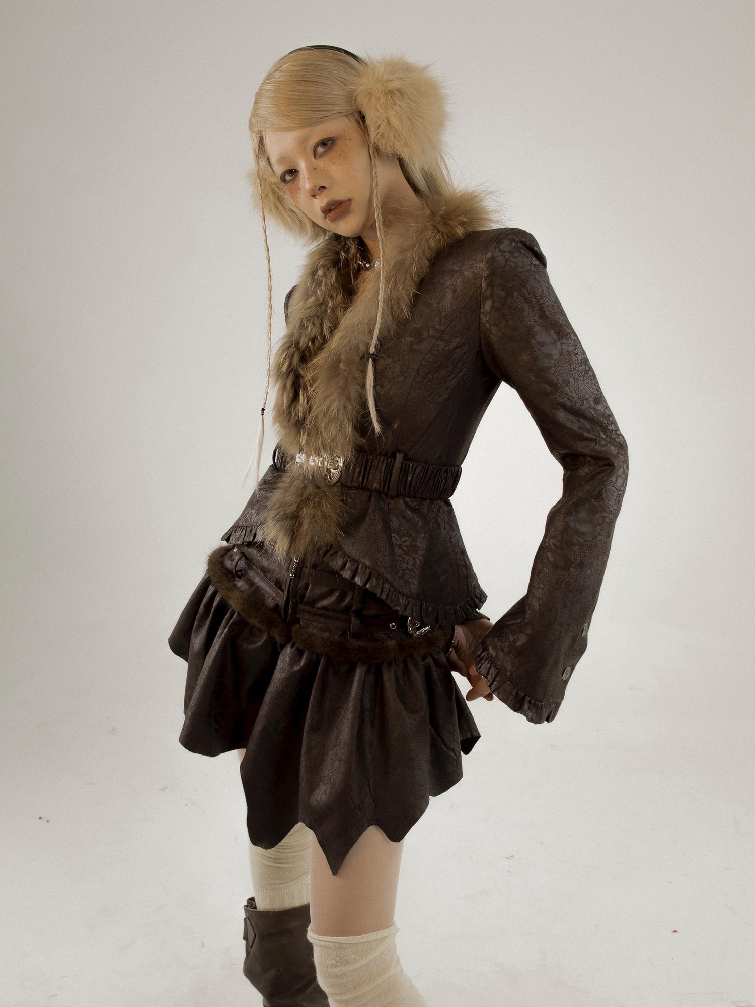 Retro Fluffy PU Leather Crop Jacket Skirt Set Dresses