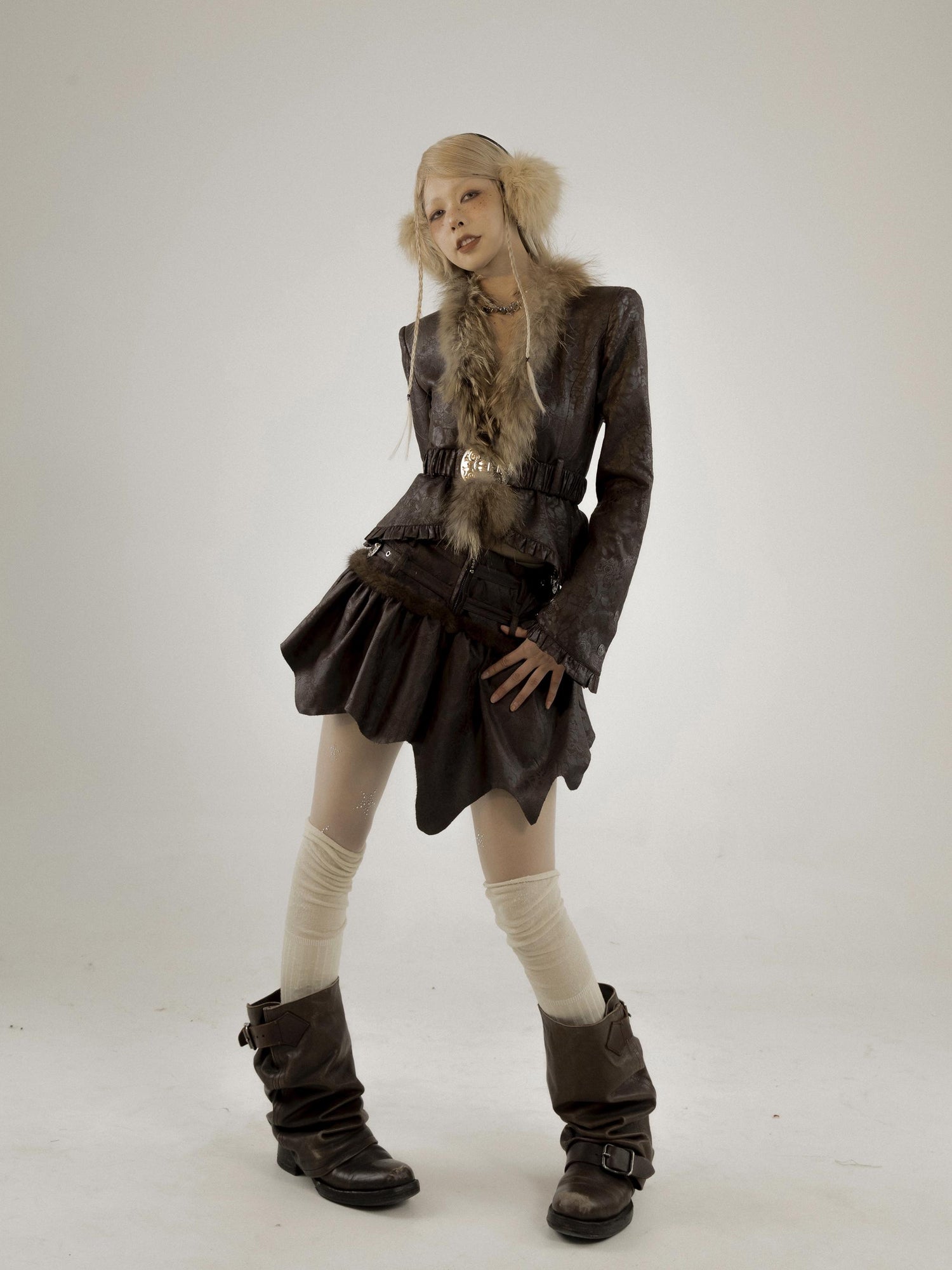 Retro Fluffy PU Leather Crop Jacket Skirt Set Dresses