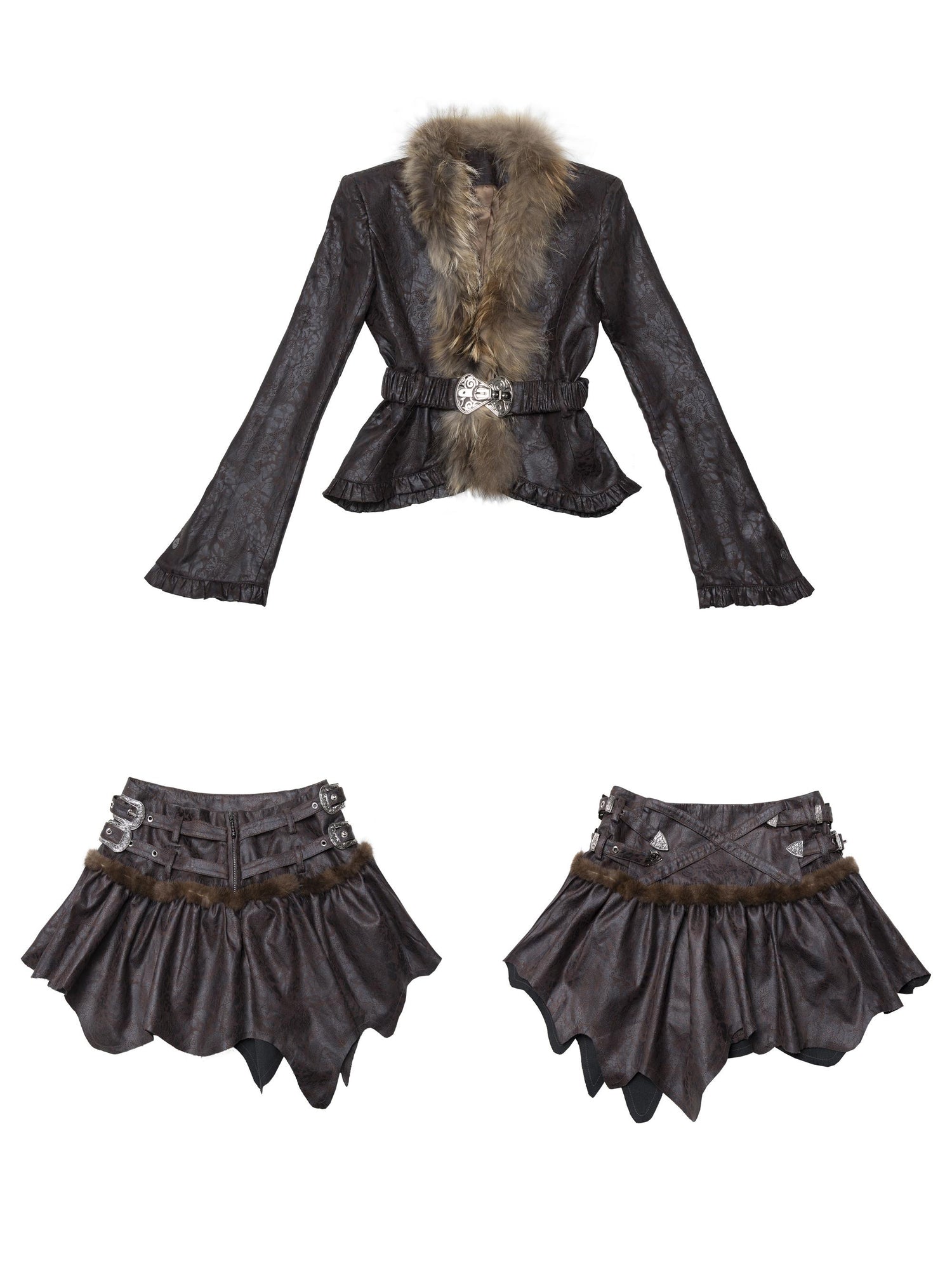 Retro Fluffy PU Leather Crop Jacket Skirt Set Dresses