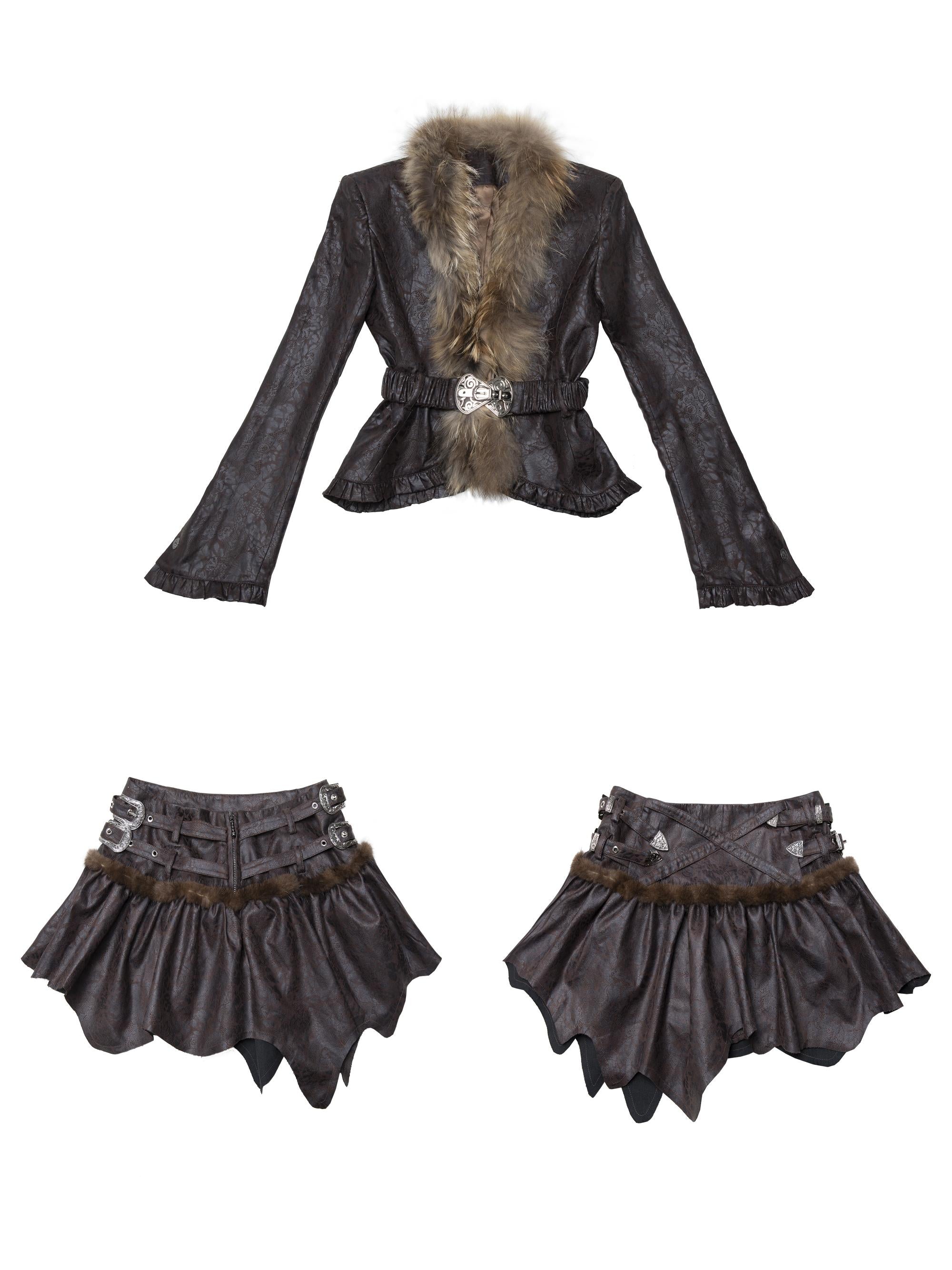 Retro Fluffy PU Leather Crop Jacket Skirt Set Dresses