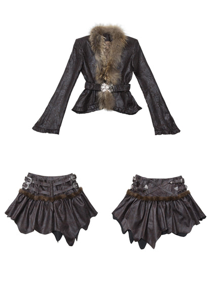 Retro Fluffy PU Leather Crop Jacket Skirt Set Dresses