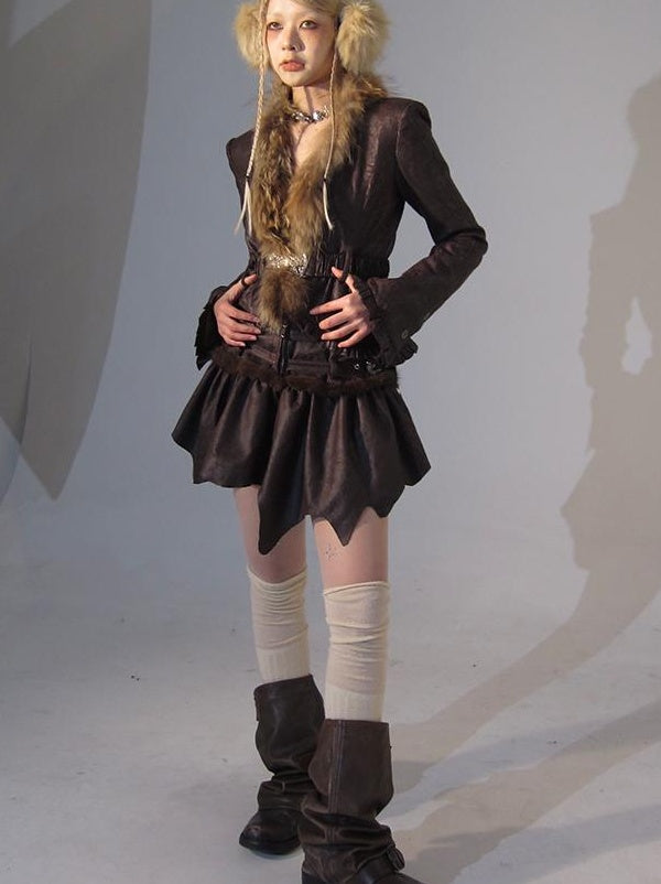 Retro Fluffy PU Leather Crop Jacket Skirt Set Dresses