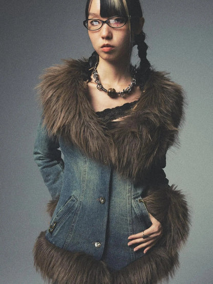 Retro Fur Collar Denim Suit With Detachable Perforated Pants And Quilted Lining