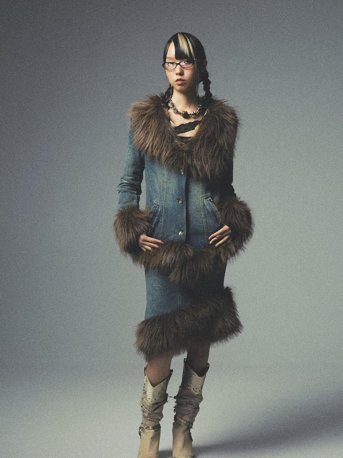 NONAME SPACE Retro Fur Collar Denim Suit With Detachable Perforated Pants And Quilted Lining