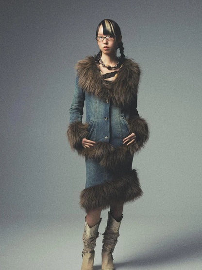 Retro Fur Collar Denim Suit With Detachable Perforated Pants And Quilted Lining