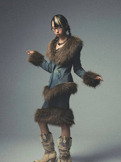 Retro Fur Collar Denim Suit With Detachable Perforated Pants And Quilted Lining