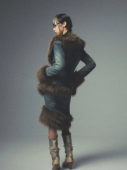 Retro Fur Collar Denim Suit With Detachable Perforated Pants And Quilted Lining