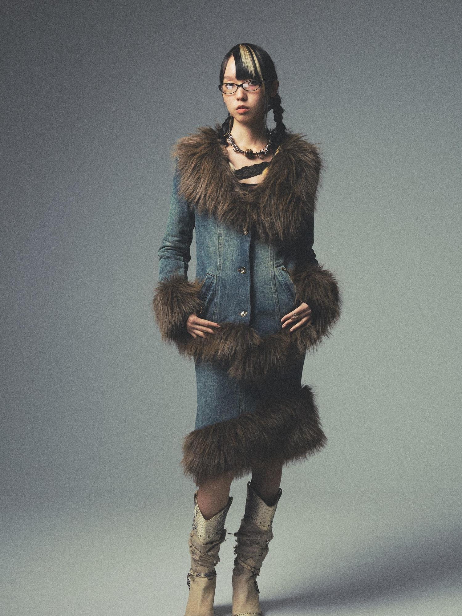 NONAME SPACE Retro Fur Collar Denim Suit With Detachable Perforated Pants And Quilted Lining