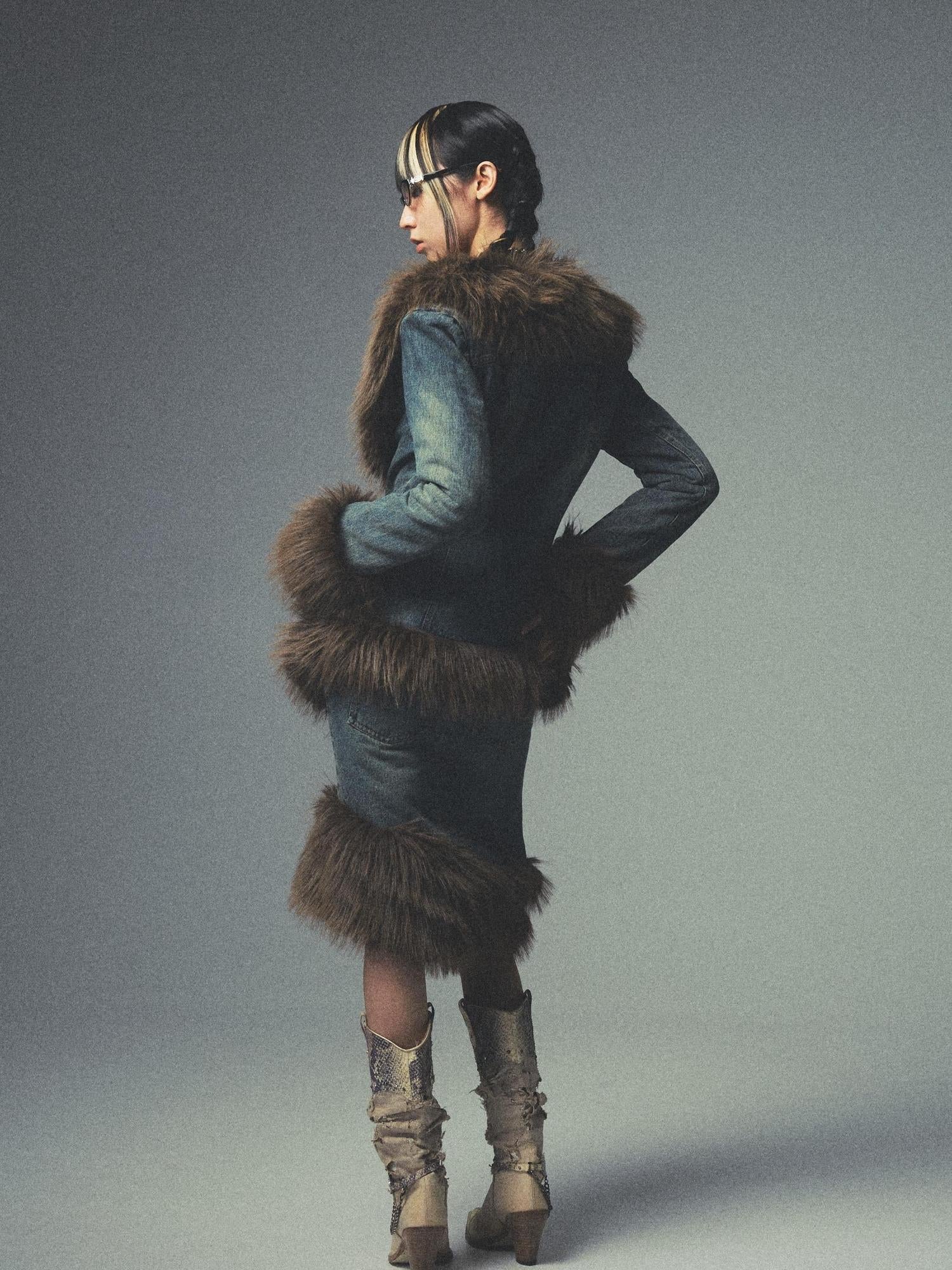 NONAME SPACE Retro Fur Collar Denim Suit With Detachable Perforated Pants And Quilted Lining