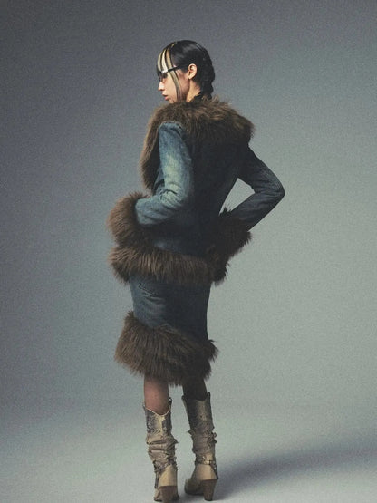 Retro Fur Collar Denim Suit With Detachable Perforated Pants And Quilted Lining