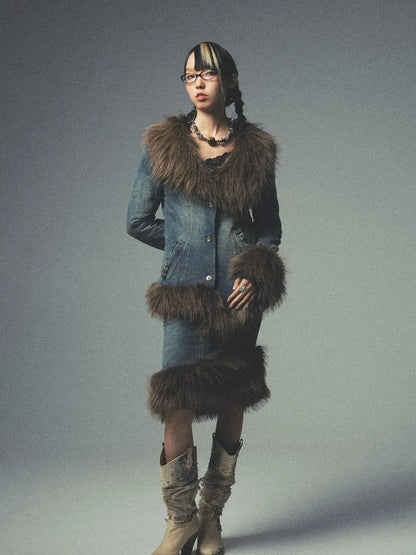 Retro Fur Collar Denim Suit With Detachable Perforated Pants And Quilted Lining
