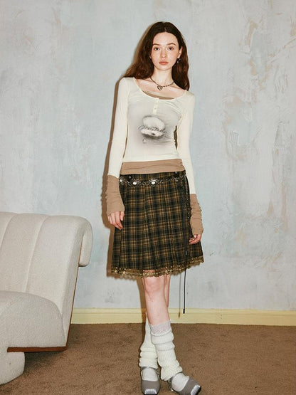 DIDDI MODA Retro Grid Lace Skirt