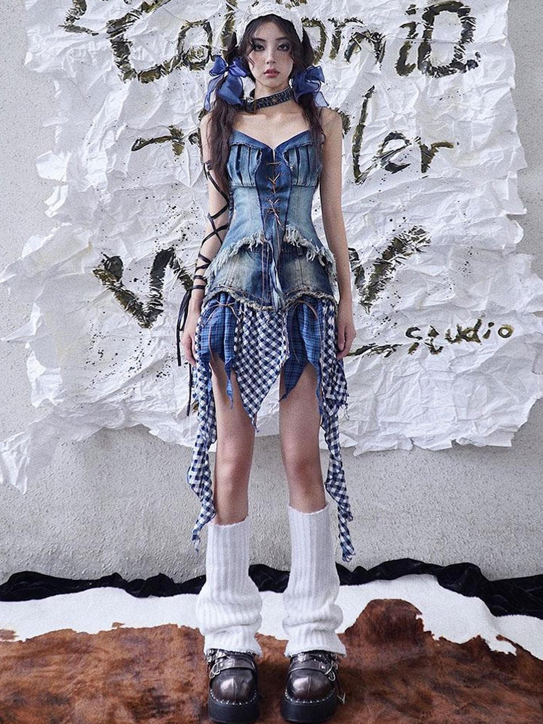 WSW WUSHENWU Retro Guitar Dance Asymmetrical Denim Skirt