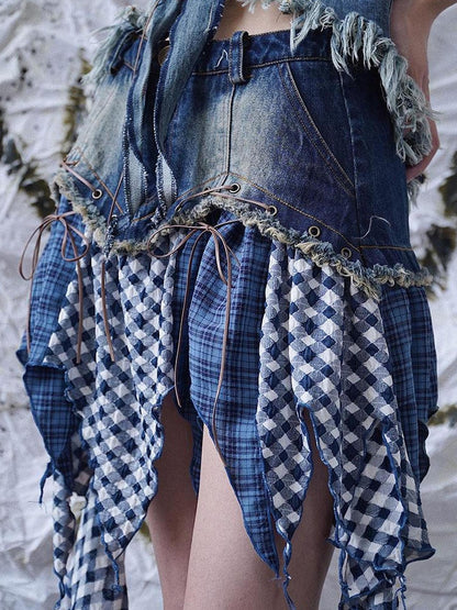 WSW WUSHENWU Retro Guitar Dance Asymmetrical Denim Skirt