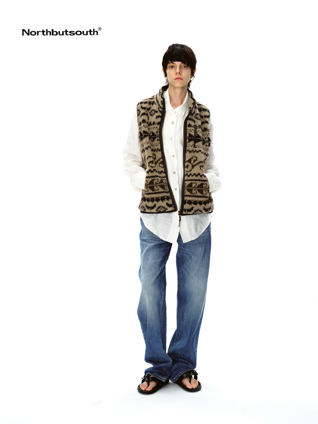 Retro High Neck Fleece Zip Vest With Lamb Wool Pattern