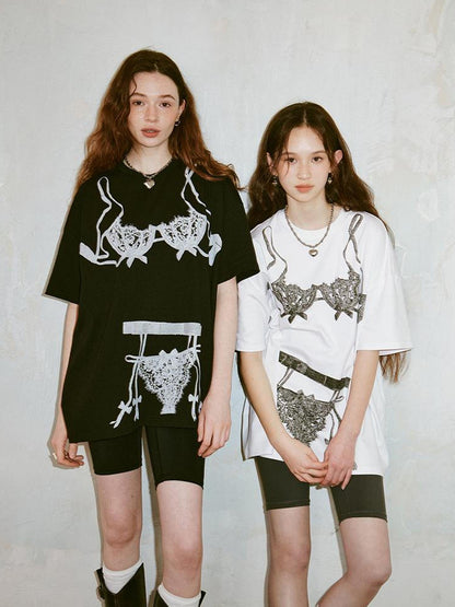 DIDDI MODA Retro Illusion Lingerie Print Relaxed Tee