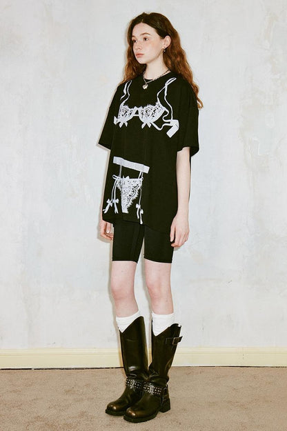 DIDDI MODA Retro Illusion Lingerie Print Relaxed Tee