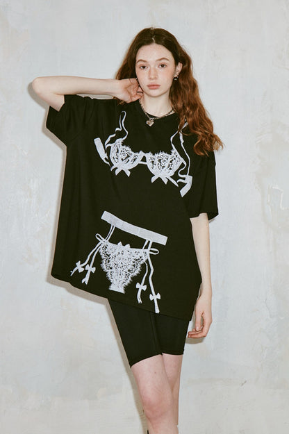 DIDDI MODA Retro Illusion Lingerie Print Relaxed Tee