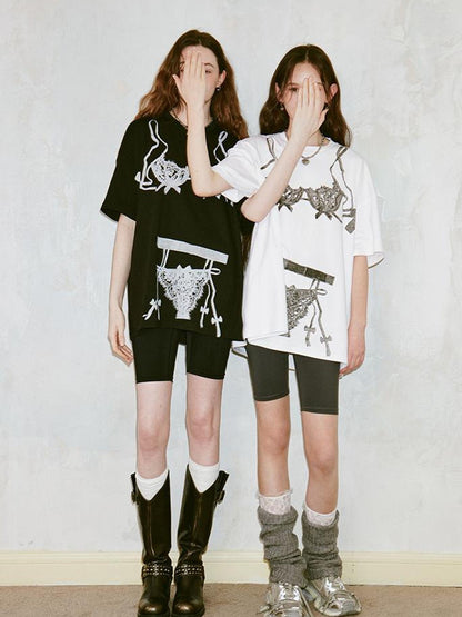 DIDDI MODA Retro Illusion Lingerie Print Relaxed Tee