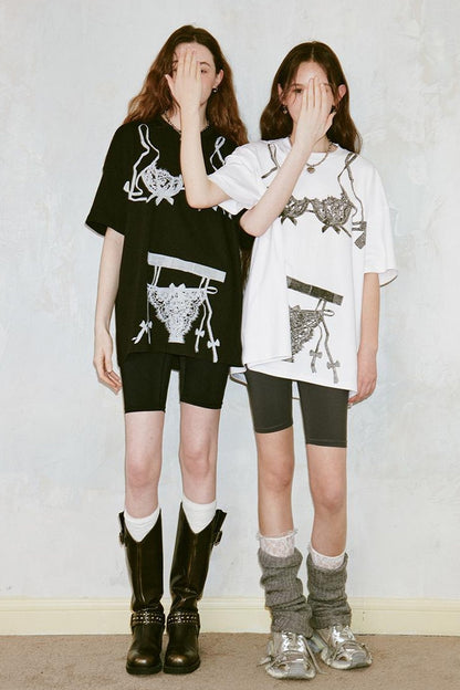 DIDDI MODA Retro Illusion Lingerie Print Relaxed Tee