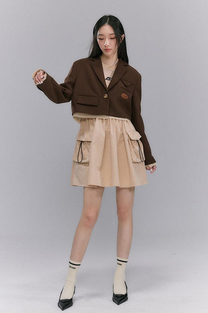 DIDDI MODA Retro Khaki A Line Embroidery Cutout Pocket Dress Sporty Chic