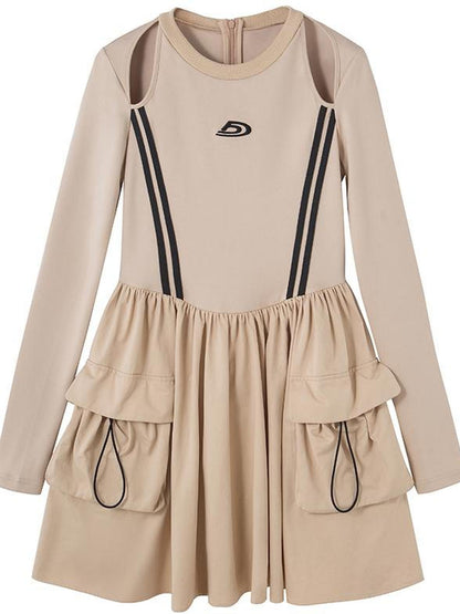 DIDDI MODA Retro Khaki A Line Embroidery Cutout Pocket Dress Sporty Chic