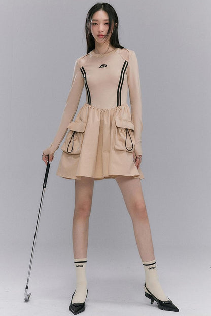 DIDDI MODA Retro Khaki A Line Embroidery Cutout Pocket Dress Sporty Chic