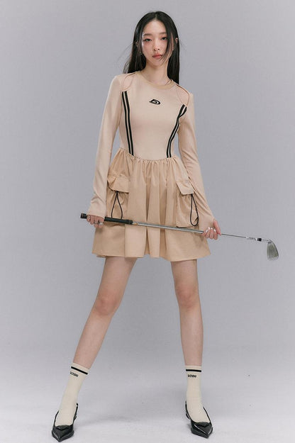 DIDDI MODA Retro Khaki A Line Embroidery Cutout Pocket Dress Sporty Chic
