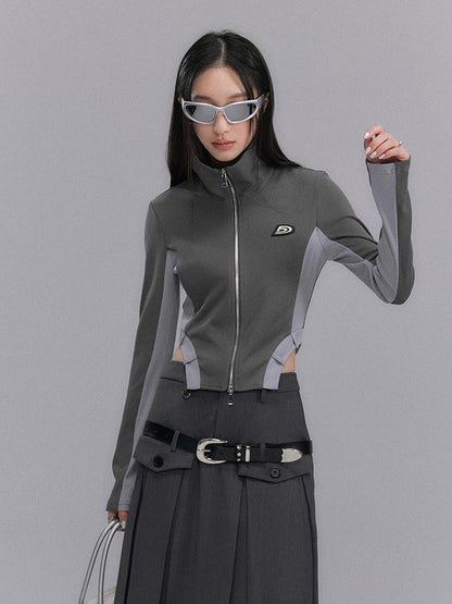 DIDDI MODA Retro Knit Zip Up Crop Top With Color Blocking