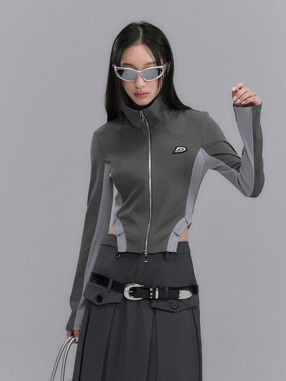 DIDDI MODA Retro Knit Zip Up Crop Top With Color Blocking