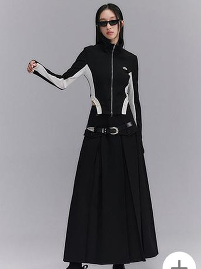 DIDDI MODA Retro Knit Zip Up Crop Top With Color Blocking