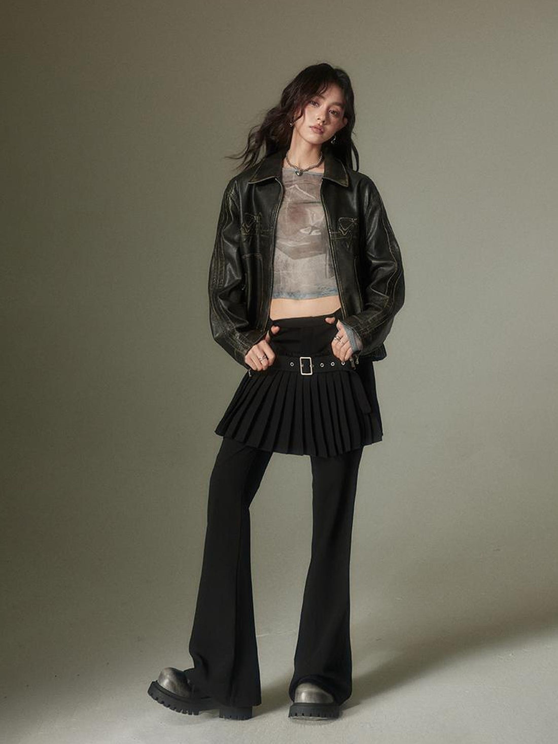 DIDDI MODA Retro Layering Pleat Culotte Belted Pants