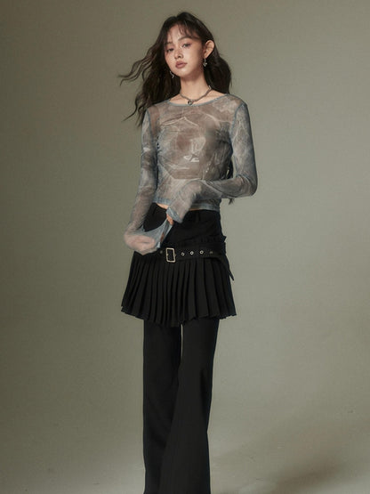 DIDDI MODA Retro Layering Pleat Culotte Belted Pants