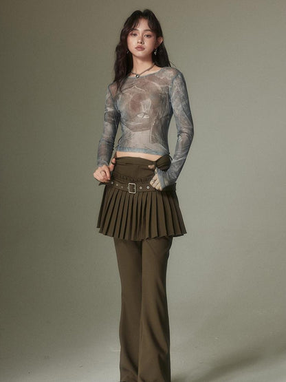 DIDDI MODA Retro Layering Pleat Culotte Belted Pants