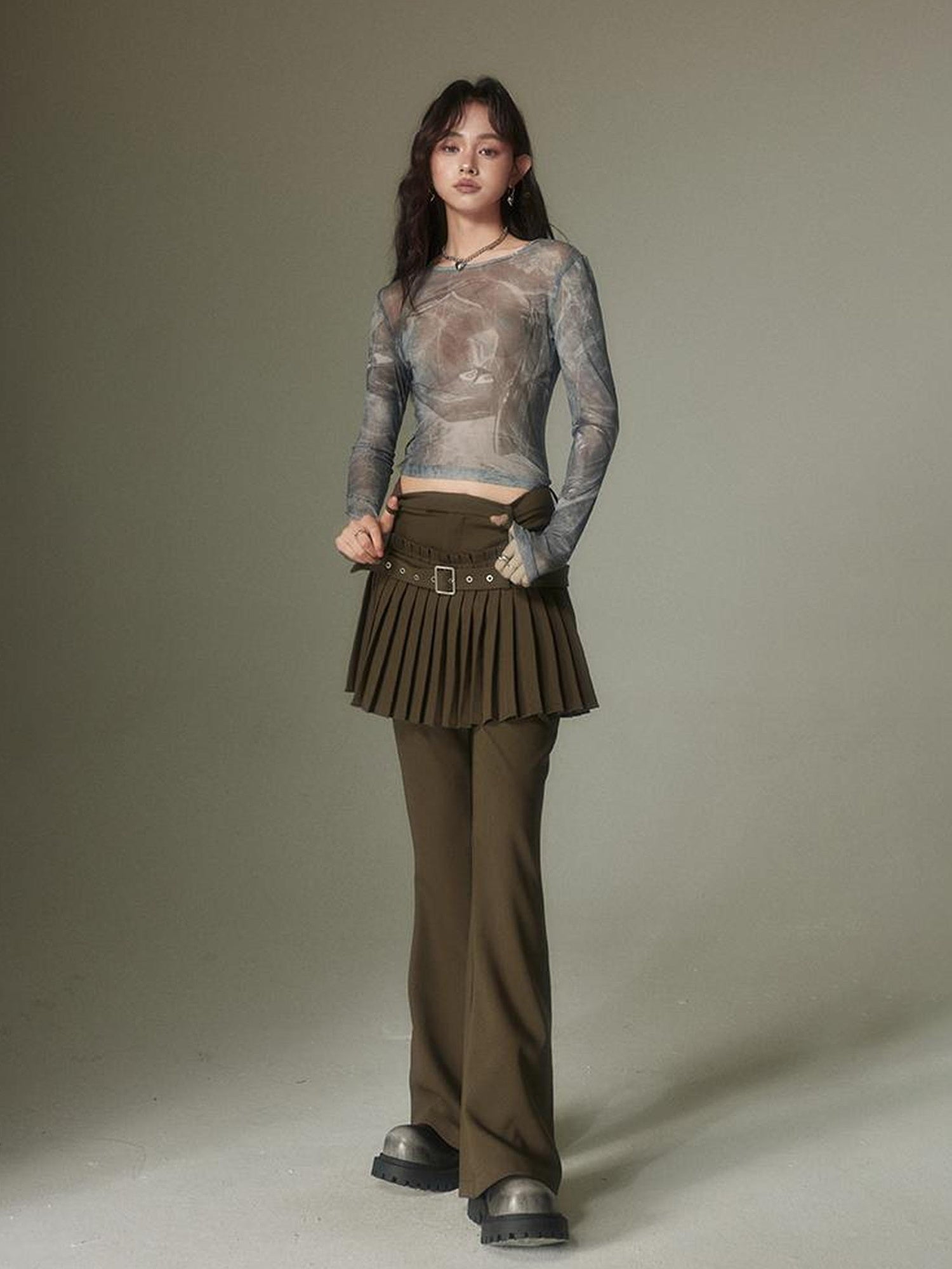 DIDDI MODA Retro Layering Pleat Culotte Belted Pants