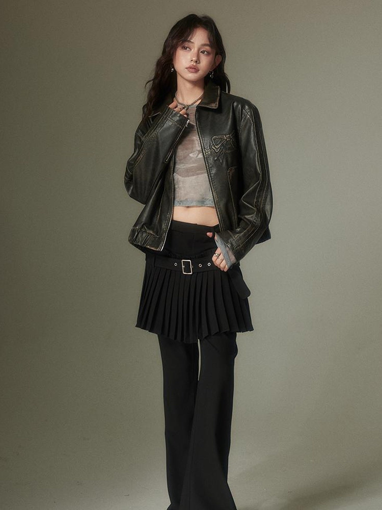 DIDDI MODA Retro Layering Pleat Culotte Belted Pants