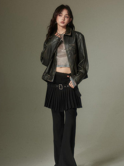 DIDDI MODA Retro Layering Pleat Culotte Belted Pants