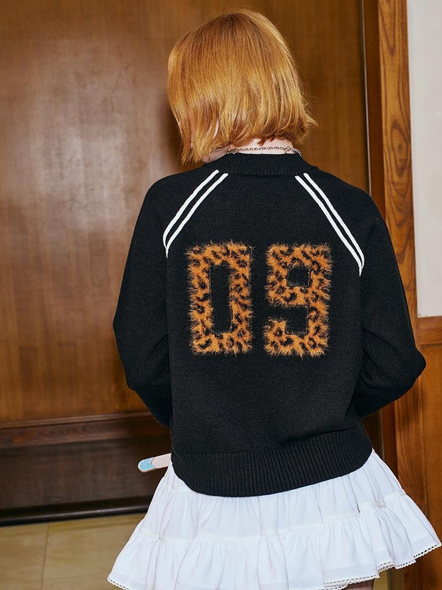DIDDI MODA Retro Leopard Bow Knit Sweater