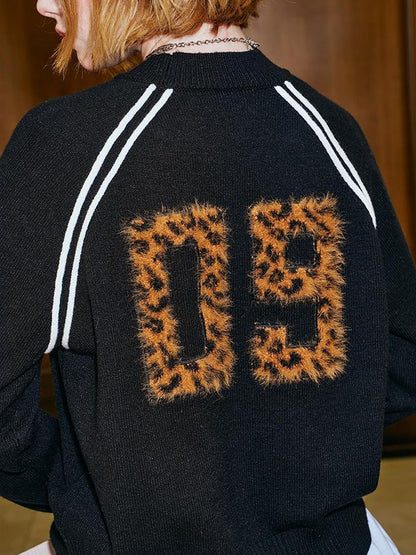DIDDI MODA Retro Leopard Bow Knit Sweater