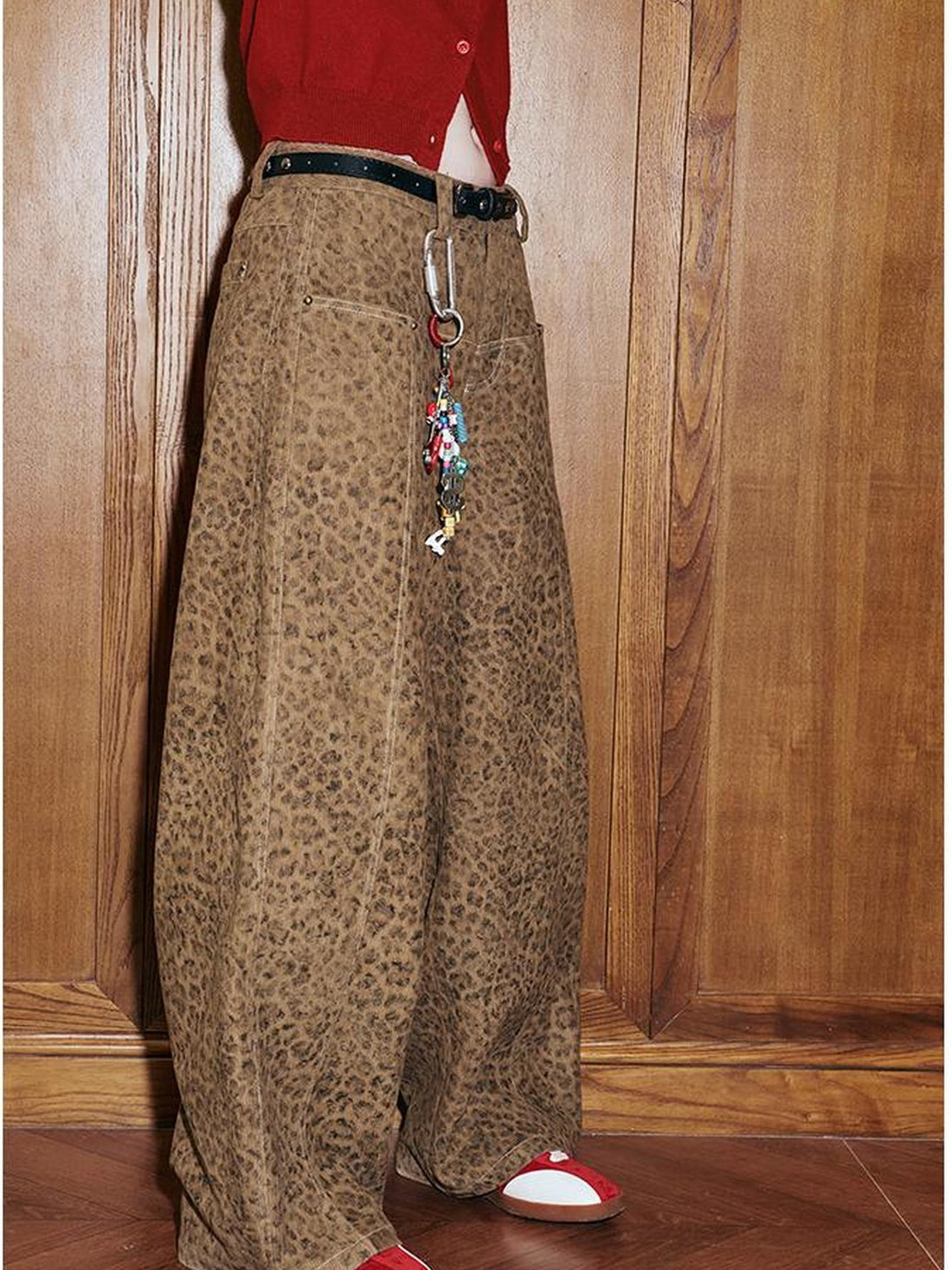 DIDDI MODA Retro Leopard Flare Pants With Split Detail
