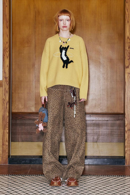DIDDI MODA Retro Leopard Flare Pants With Split Detail