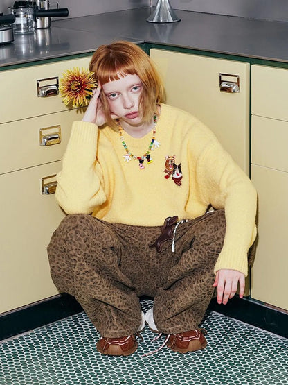 Retro Leopard Flare Pants With Split Detail