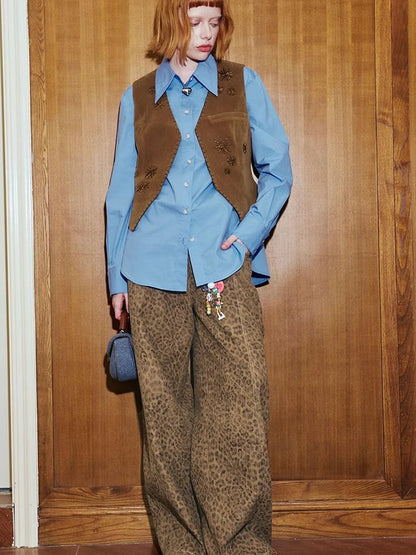 Retro Leopard Flare Pants With Split Detail