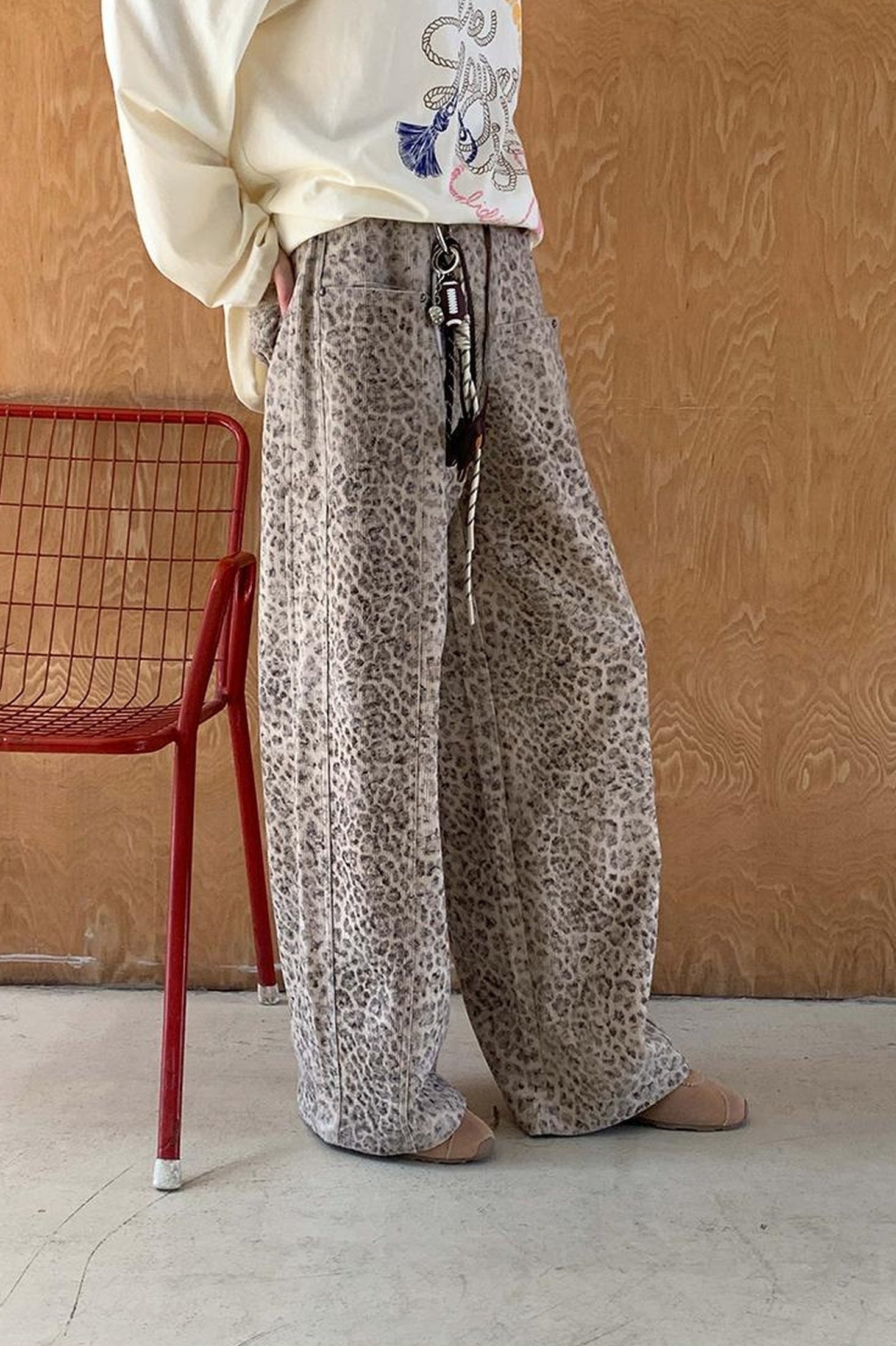 DIDDI MODA Retro Leopard Flare Pants With Split Detail