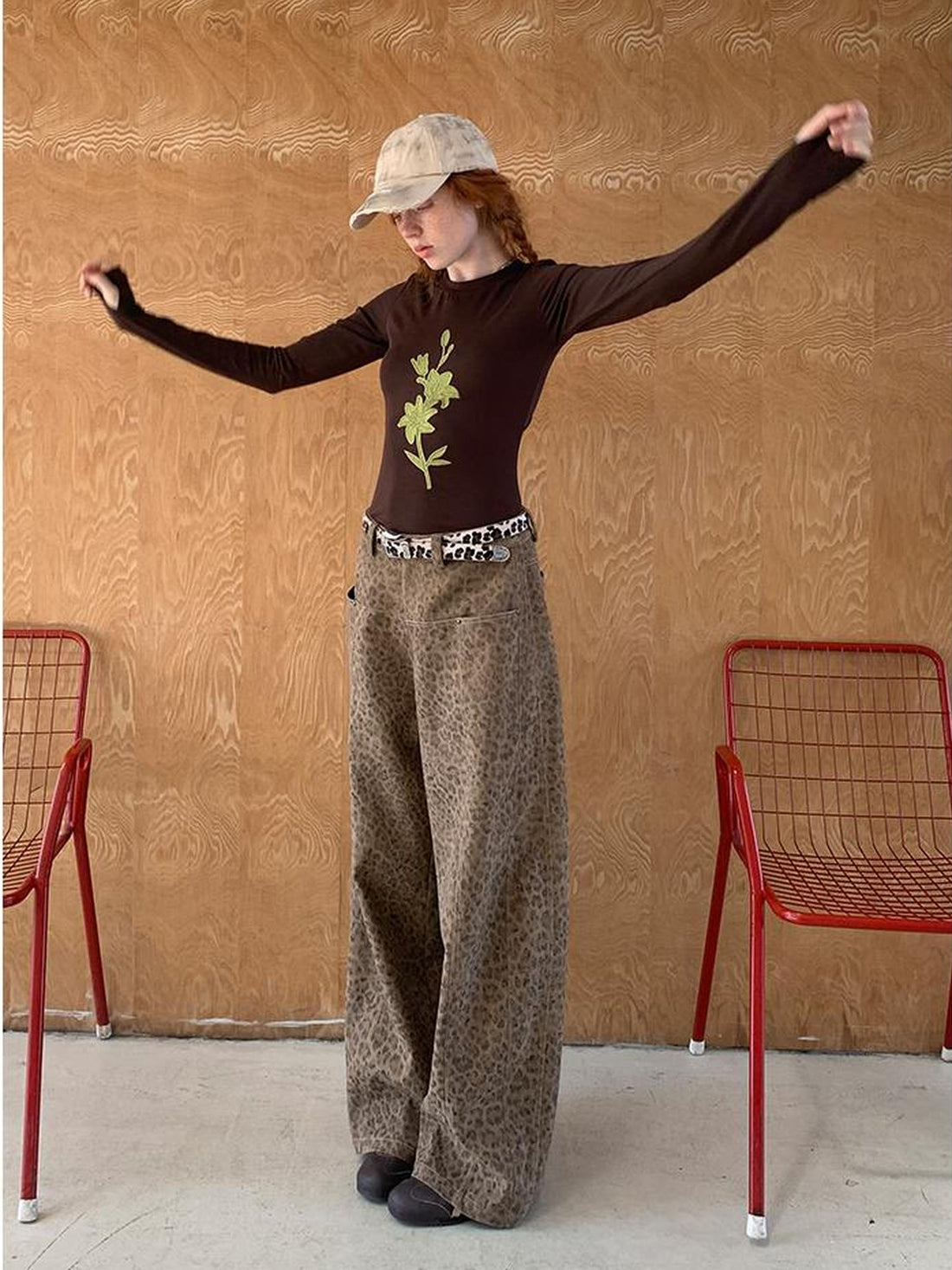 DIDDI MODA Retro Leopard Flare Pants With Split Detail